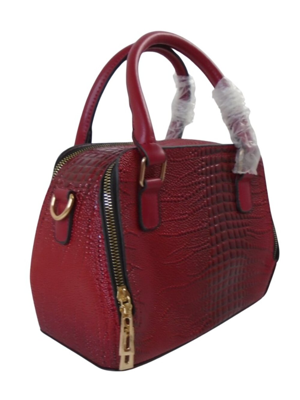 Red Faux-leather satchel with crocodile skin texture and gold hardware